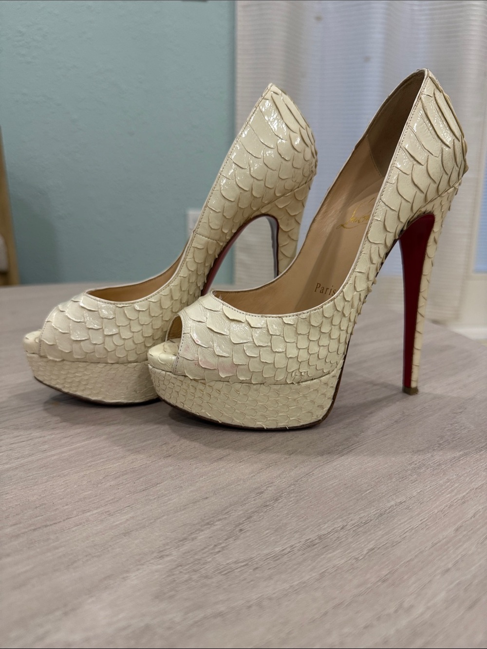 Christian Louboutin Cream Textured Peep-Toe Platform Pumps with Red Soles